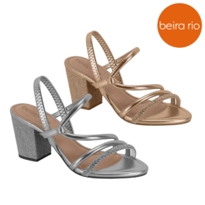 BEIRA RIO - Sandália Feminina Beira Rio Salto Bloco 7cm Tiras Finas Metalizadas Confortável Elegante