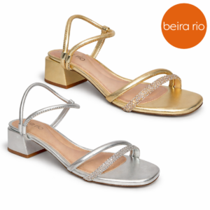 Sandália Feminina Beira Rio Salto Grosso 5cm Metalizada com Strass Confortável